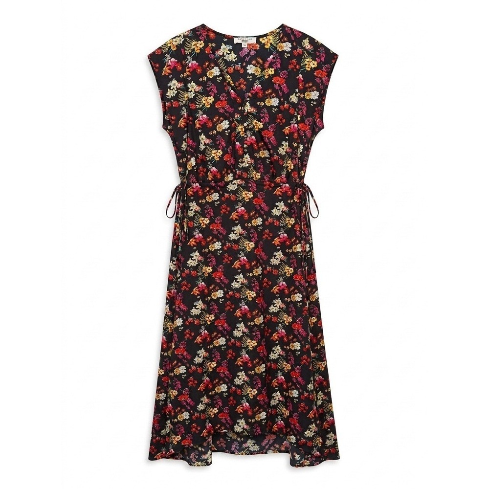 Derek Lam Floral V-Neck Midi Dress Women's Size 50 Black Multi Short Sleeve 14